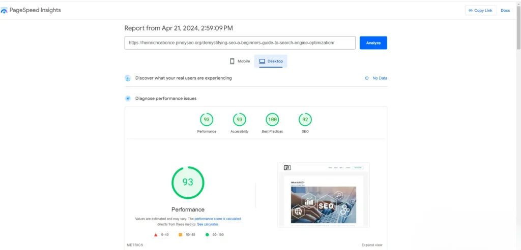 Sample page speed insights result